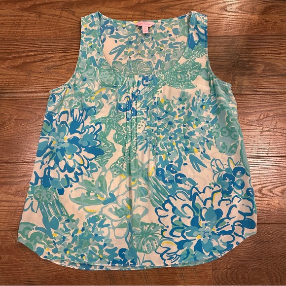 Lilly Pulitzer Tops - Lilly Pulitzer Dahlia Silk Tank Top Blue/White/Yellow Medium